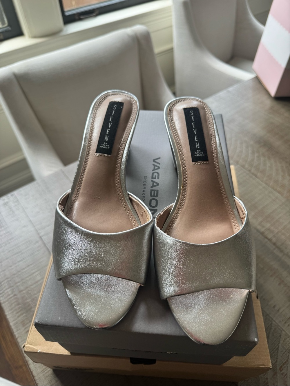 Steve Madden Silver Metallic Open-Toe Block Heel Mules